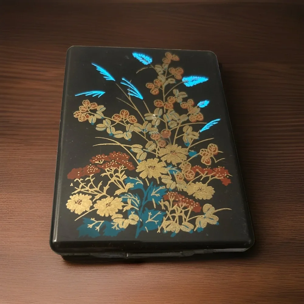 Vintage Black Jewelry Case w/ Mirror Case Chinese Asian Flower Design